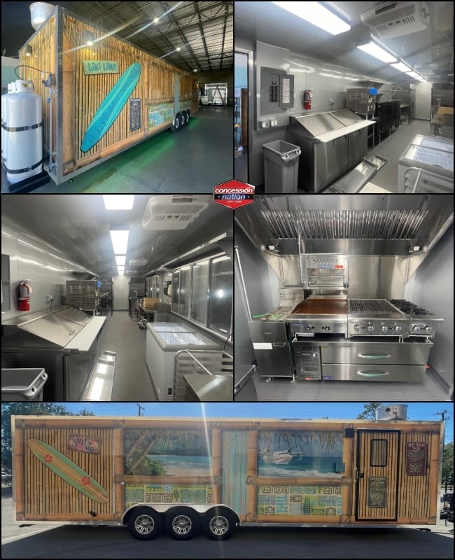 Custom 8x32 Food Trailer: Margaritaville Build | Concession Nation 8x32 custom Margaritaville food trailer showing Tiki wrap exterior and commercial kitchen interior by Concession Nation.